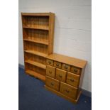 A PINE CHEST OF NINE ASSORTED DRAWERS, width 89cm x depth 41cm x height 89cm and a bespoke pine open