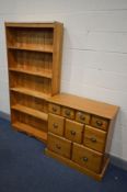 A PINE CHEST OF NINE ASSORTED DRAWERS, width 89cm x depth 41cm x height 89cm and a bespoke pine open