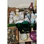 A BOX AND LOOSE CERAMICS AND SUNDRYS, ETC, to include a Royal Albert Lorraine covered sugar bowl,