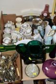 A BOX AND LOOSE CERAMICS AND SUNDRYS, ETC, to include a Royal Albert Lorraine covered sugar bowl,