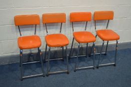 A SET OF FOUR VINTAGE KERON CHAIRS, covered in orange upholstery, labelled to underside