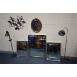 FOUR VARIOUS WALL MIRRORS, three with mirrored frames, largest mirror size, 113cm x 83cm, another