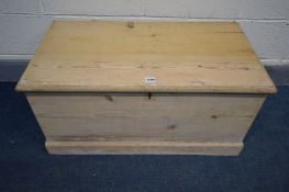 A VICTORIAN PINE BLANKET BOX, with strap hinges and a candle box, with Art Nouveau handles, width