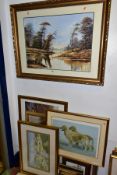 PAINTINGS AND PRINTS, to include an Alan Wolford river landscape with two small children fishing,