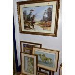 PAINTINGS AND PRINTS, to include an Alan Wolford river landscape with two small children fishing,