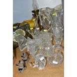 A GROUP OF CUT AND PRESSED GLASS, ETC, including two Wade Whimsies, approximate twelve vases,