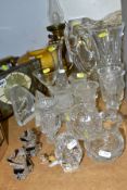 A GROUP OF CUT AND PRESSED GLASS, ETC, including two Wade Whimsies, approximate twelve vases,