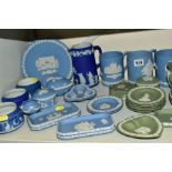 A QUANTITY OF WEDGWOOD JASPERWARE, in dark blue, light blue and green, including an 'Olympiad XXI'