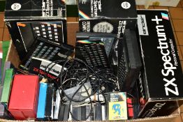 A BOX OF RETRO GAMING EQUIPMENT AND ACCESSORIES, including a boxed Sinclair ZX Spectrum+ computer