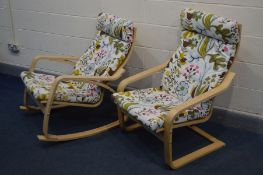 A MODERN BEECH POANG ROCKING CHAIR and a similar chair (2)