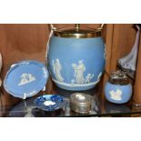 THREE WEDGWOOD PALE BLUE JASPERWARE ITEMS, comprising a biscuit barrel with a plated rim, handle and