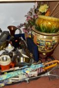 A BOX AND LOOSE CERAMICS, METALWARES, ARTIFICIAL FLOWERS, SHOOTING STICKS, ETC, including a silver