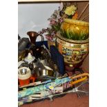 A BOX AND LOOSE CERAMICS, METALWARES, ARTIFICIAL FLOWERS, SHOOTING STICKS, ETC, including a silver