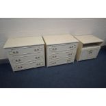 A NEAR PAIR CREAM FRENCH STYLE CHERST OF THREE LONG DRAWERS, the deepest, width 78cm and a
