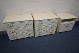 A NEAR PAIR CREAM FRENCH STYLE CHERST OF THREE LONG DRAWERS, the deepest, width 78cm and a