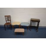 A PAIR OF BEECH KIDNEY SHAPED STOOLS, an oriental hardwood Quartetto nest of four tables (missing