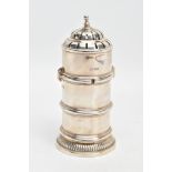 A GEORGE V SILVER SUGAR CASTER, plain polished lighthouse shape caster, ball finial detail with a