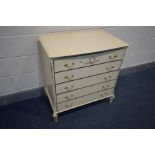 A FRENCH CREAM CHEST OF FIVE LONG DRAWERS, width 79cm x depth 49cm x height 84cm