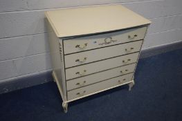 A FRENCH CREAM CHEST OF FIVE LONG DRAWERS, width 79cm x depth 49cm x height 84cm