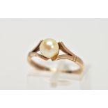 A 9CT CULTURED PEARL DRESS RING, set with a single cultured pearl, bifurcated shoulders on a plain