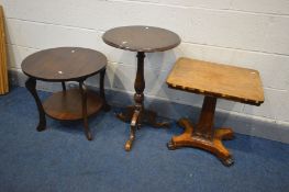 A VICTORIAN WALNUT AND INLAID OCCASIONAL TABLE, along with an oak tripod table and a circular