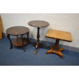 A VICTORIAN WALNUT AND INLAID OCCASIONAL TABLE, along with an oak tripod table and a circular