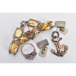 A SELECTION OF SILVER AND WHITE METAL ITEMS, to include a silver sweetheart brooch in the form of an