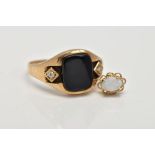 A GENTS 9CT GOLD SIGNET RING, centring on a curved rectangular onyx panel, flanked with circular cut