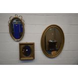 THREE VARIOUS GILT WOOD/PLASTER WALL MIRRORS, of various shapes and ages, largest mirror size 87cm x