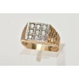 A GENTS 9CT GOLD CUBIC ZIRCONIA SIGNET RING, of a square shape, set with nine circular cut,