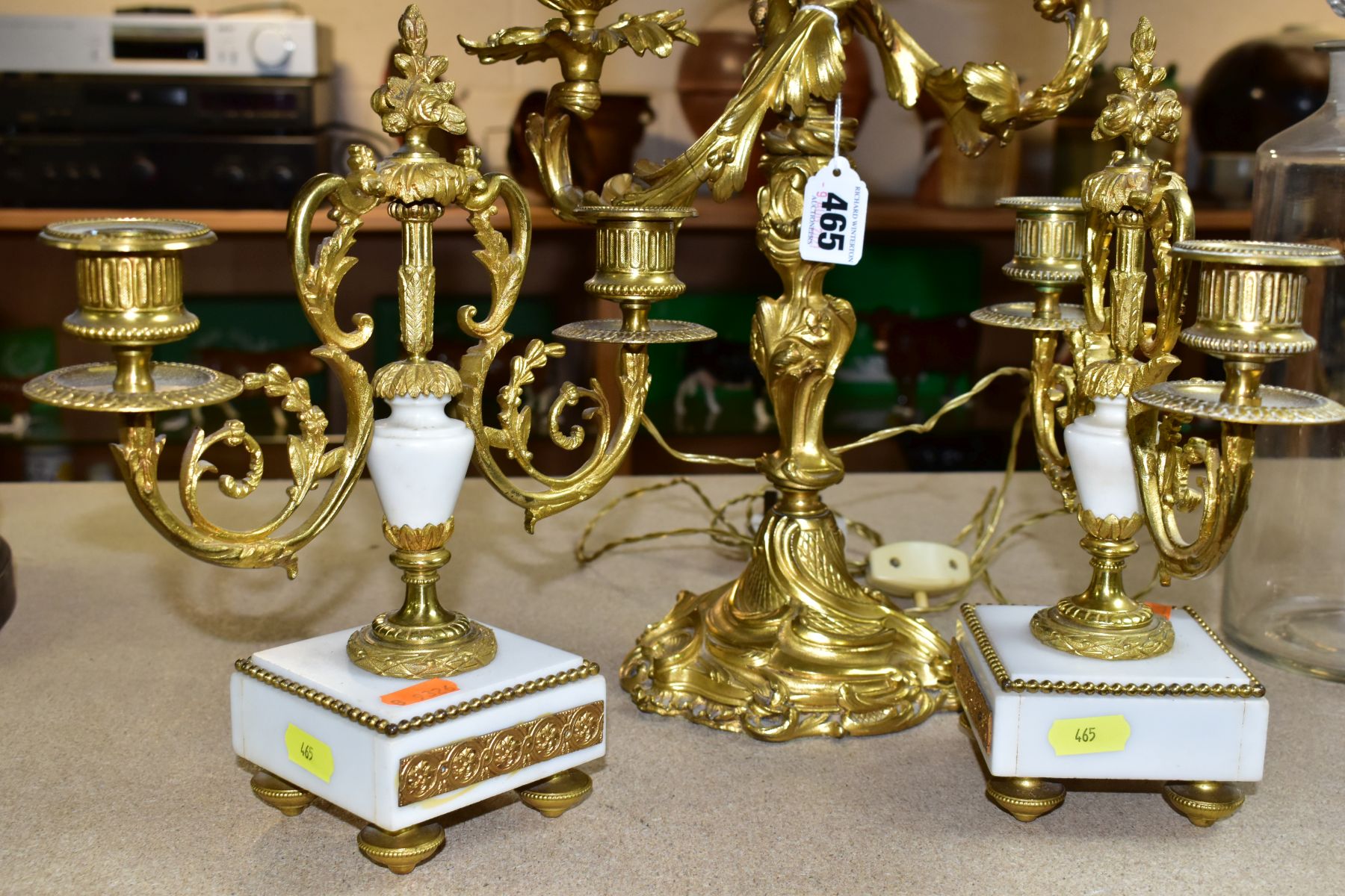 A GILT METAL TABLE LAMP IN THE FORM OF A THREE LIGHT CANDELABRA, height approximately 45cm excluding - Image 8 of 10