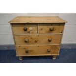 A VICTORIAN AND LATER PINE CHEST OF TWO OVER TWO LONG DRAWERS, turned handles and feet, width 82cm x