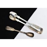 A PAIR OF SILVER SUGAR TONGS AND A SILVER SAUCE SPOON, Victorian plain polished fiddle pattern sugar