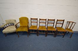 AN EDWARDIAN MAHOGANY TUB CHAIR with a scrolled back, a mahogany open armchair, four Edwardian