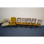 AN EDWARDIAN MAHOGANY TUB CHAIR with a scrolled back, a mahogany open armchair, four Edwardian