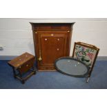 A GEORGIAN OAK CORNER CUPBOARD, small reproduction drop leaf occasional table, oak needlework fire