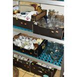 FIVE BOXES AND LOOSE CERAMICS AND GLASSWARE, including drinking glasses, part tea sets, novelty