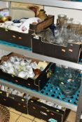 FIVE BOXES AND LOOSE CERAMICS AND GLASSWARE, including drinking glasses, part tea sets, novelty