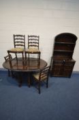 A PRIORY OAK GATE LEG TABLE, four chairs and a matching Dutch dresser, width 93cm x depth 40cm x