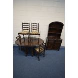 A PRIORY OAK GATE LEG TABLE, four chairs and a matching Dutch dresser, width 93cm x depth 40cm x