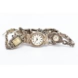 THREE LADIES WRISTWATCHES, the first a silver marcasite watch with a round cream dial, Arabic