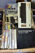 TWO BOXES OF RETRO GAMING AND COMPUTER ACCESSORIES ETC, to include a Commodore VIC 20 computer