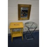 A MODERN CIRCULAR CHROME FRAMED OCCASSIONAL TABLE, diameter 50cm x height 70cm, a yellow painted