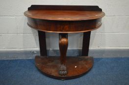 A VICTORIAN MAHOGANY DEMI LUNE DUCHESS WASHSTAND, with a raised back, supported by a central