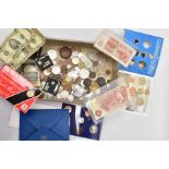 A CARDBOARD BOX OF MIXED COINAGE to include a proof 1982 UK & N Ireland year set, a 1983 UK year