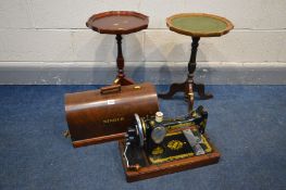 A MAHOGANY CASED SINGER SEWING MACHINE together with two reproduction wine tables (3)