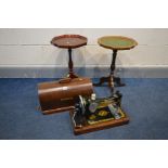 A MAHOGANY CASED SINGER SEWING MACHINE together with two reproduction wine tables (3)