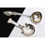 A GEORGE III SILVER CADDY SPOON AND ONE OTHER, the caddy spoon designed with a wavy edge stem,