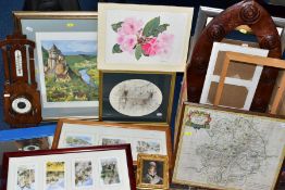 A BOX OF LOOSE PRINTS, MIRROR, LATE VICTORIAN BAROMETER IN AN OAK FRAME, ETC, including a limited