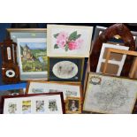 A BOX OF LOOSE PRINTS, MIRROR, LATE VICTORIAN BAROMETER IN AN OAK FRAME, ETC, including a limited